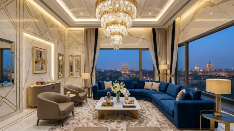 Modern luxury living room interior with Italian marble flooring and custom sofa seating in Noida