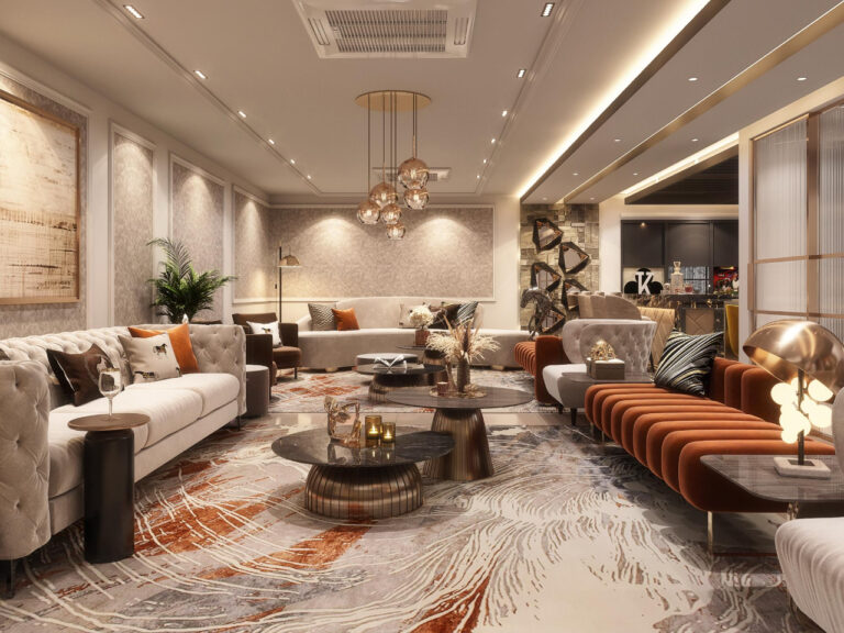 Bespoke living room design featuring statement marble accent wall and designer lighting