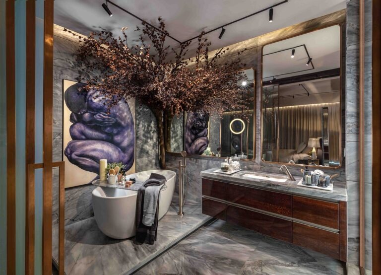 Luxury bathroom design featuring large-format tile cladding frameless glass shower and LED mirror