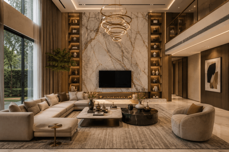 Bespoke turnkey interior design for high-rise apartment living room in Golf Course Road Gurgaon