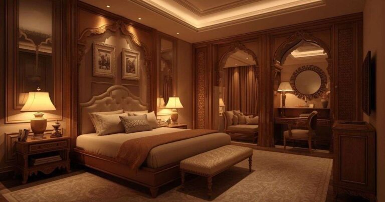 Luxury master bedroom interior with upholstered headboard and warm ambient lighting
