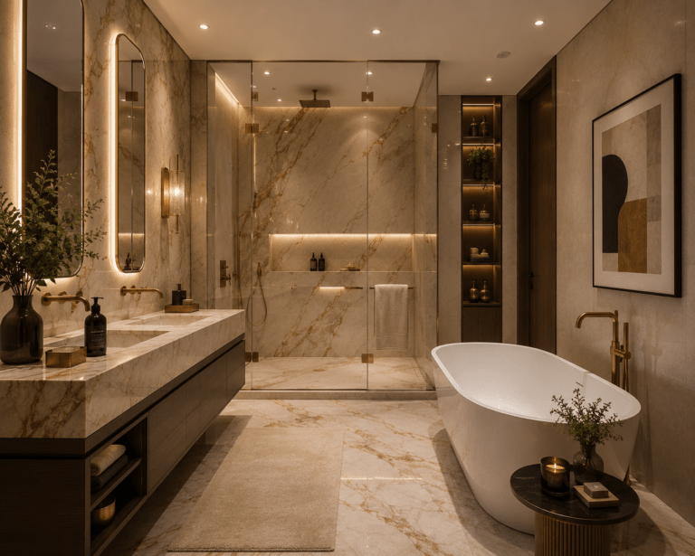 High-end luxury master bathroom and vanity design for penthouse in DLF Magnolias Gurgaon