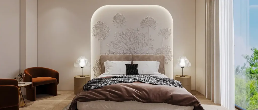 Bespoke villa master bedroom in Sector 51 Gurgaon with custom botanical 3D relief headboard backlit arched niche and rust velvet armchair