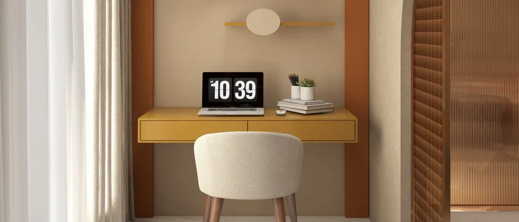 Minimalist bedroom study nook design in Sector 51 Gurgaon estate featuring floating oak desk beige upholstered chair and fluted glass partition screen
