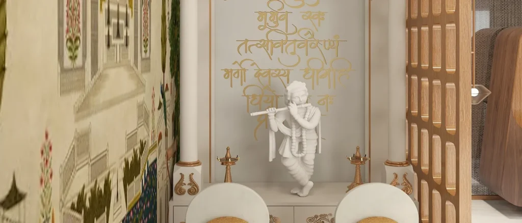 Bespoke luxury mandir mandir design in Sector 51 Gurgaon villa featuring white marble Krishna idol gold Gayatri Mantra wall calligraphy and traditional Indian wallpaper artwork