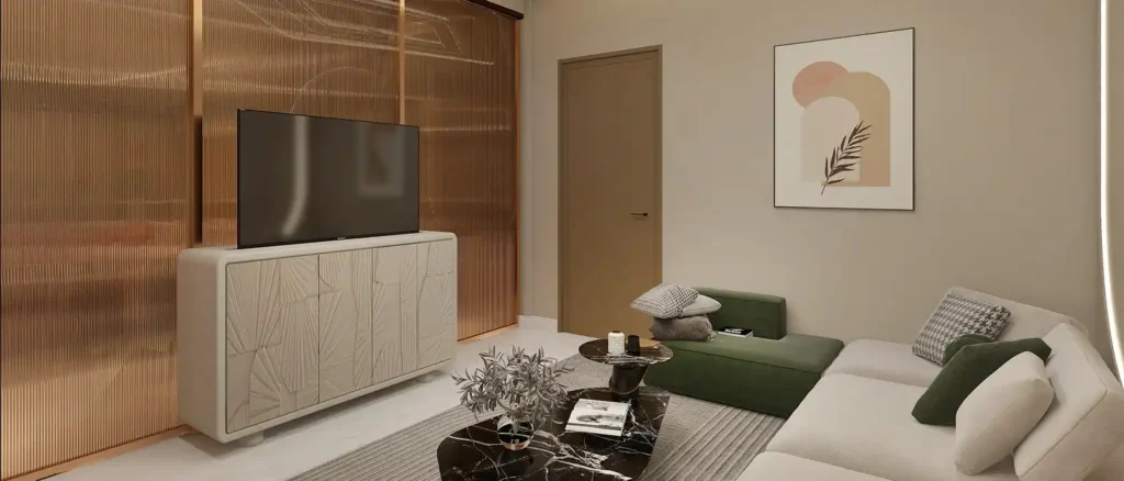 Modern luxury TV lounge area with textured white console cabinet fluted bronze glass sliding wall and organic marble coffee table in Sector 51 Gurgaon estate