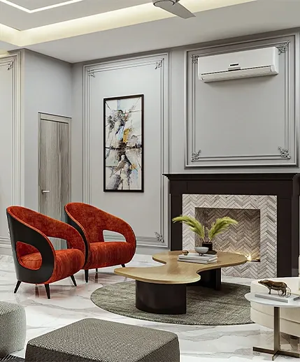 Luxury formal living area at M3M Golfestate featuring a fireplace surround rust red accent armchairs and custom organic coffee table on marble floor