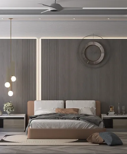 Modern bedroom interior design at M3M Golfestate Sector 65 Gurgaon with fluted grey wall paneling warm LED cove backlight and pendant drop lights