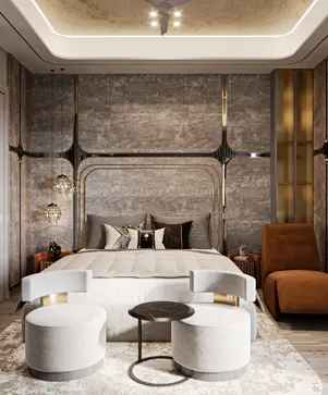 Luxury master bedroom interior at M3M Golfestate Gurgaon featuring textured stone accent wall metallic trim inlay backlit tray ceiling and velvet lounge seating