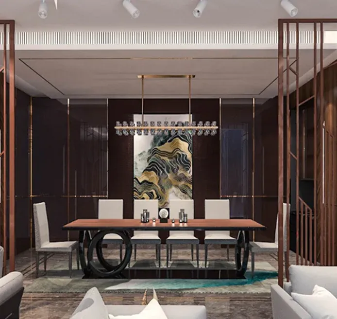 Ultra luxury dining room design at DLF The Camellias Gurgaon featuring modern glass chandelier dark lacquered wall paneling and custom copper partition screens