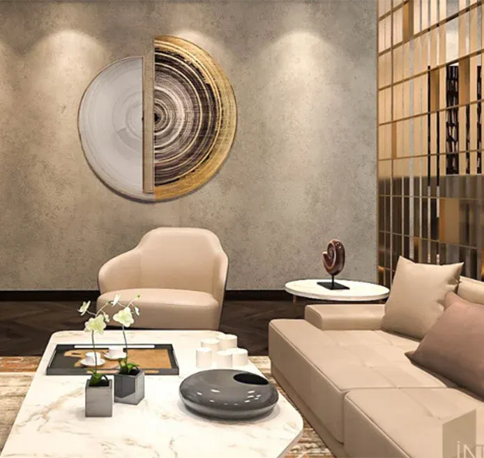 Bespoke luxury lounge interior in DLF The Camellias Gurgaon with circular dual tone wall art metallic grid partition and marble coffee table