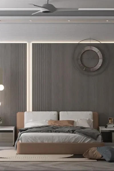 Modern bedroom interior design at M3M Golfestate Sector 65 Gurgaon with fluted grey wall paneling warm LED cove backlight and pendant drop lights