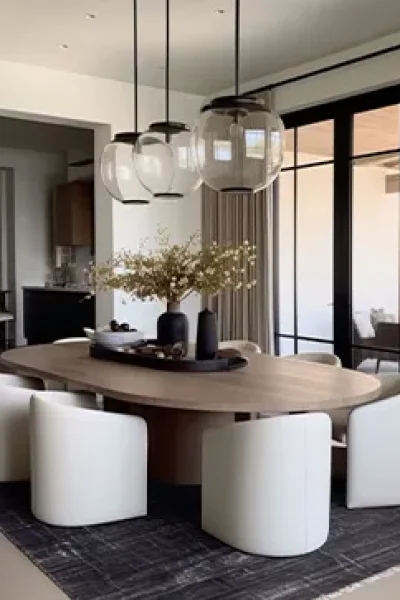 Modern luxury dining room setup at M3M Golfestate Gurgaon with oval wooden dining table white bucket chairs and glass globe pendant lights