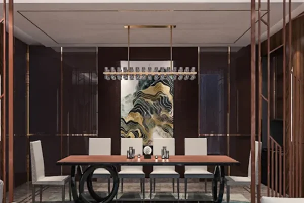 Ultra luxury dining room design at DLF The Camellias Gurgaon featuring modern glass chandelier dark lacquered wall paneling and custom copper partition screens