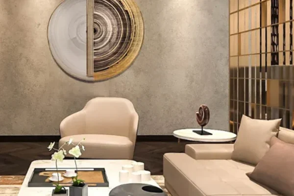 Bespoke luxury lounge interior in DLF The Camellias Gurgaon with circular dual tone wall art metallic grid partition and marble coffee table